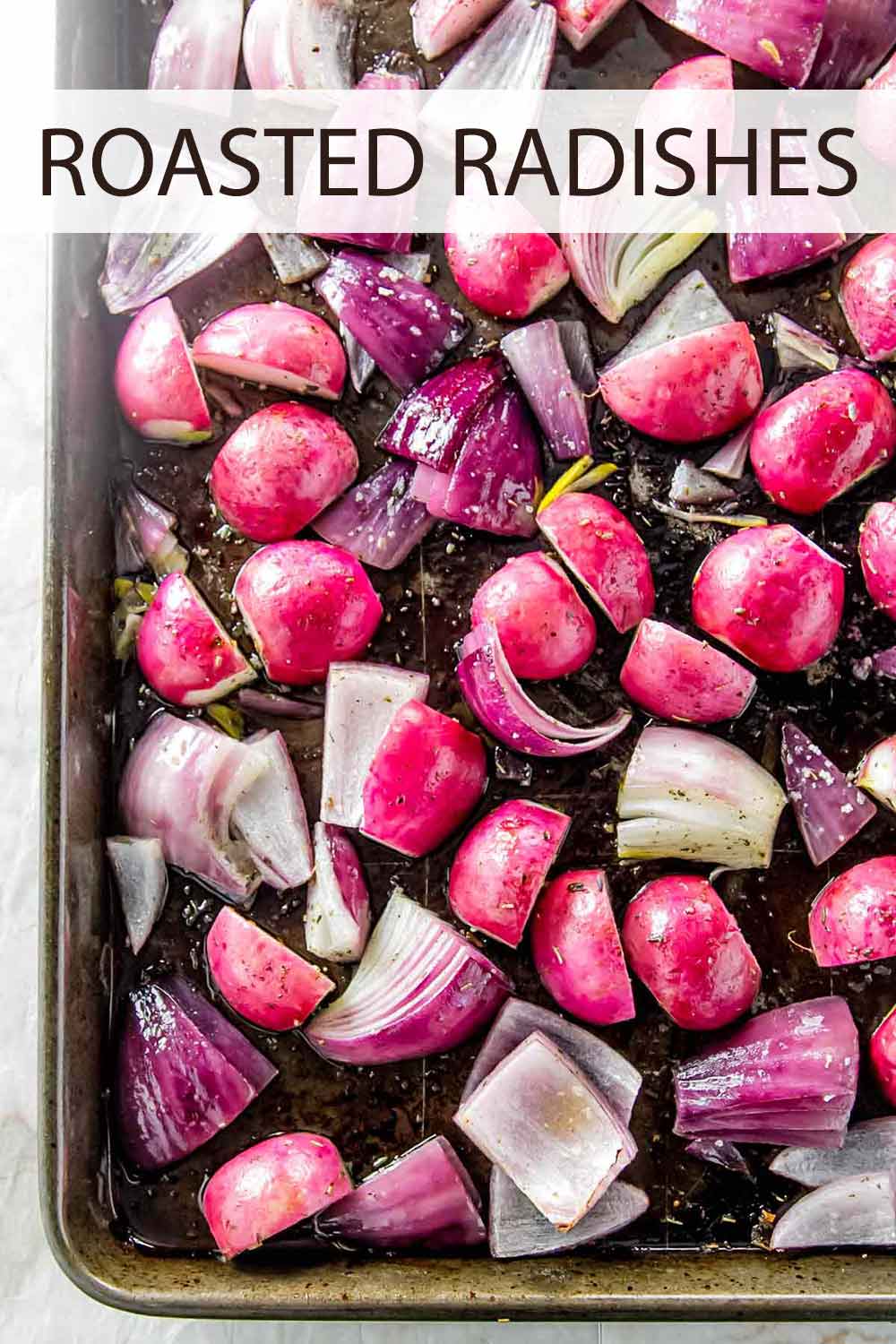 roasted radishes on a sheet pan