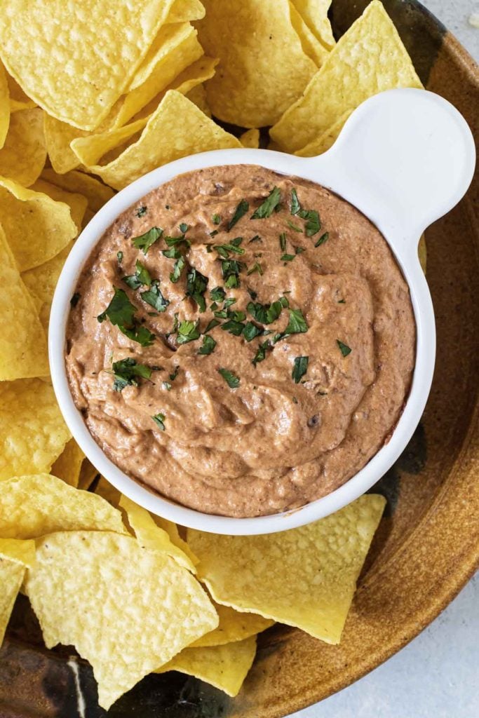 overhead shot of a bowl of black bean dip.