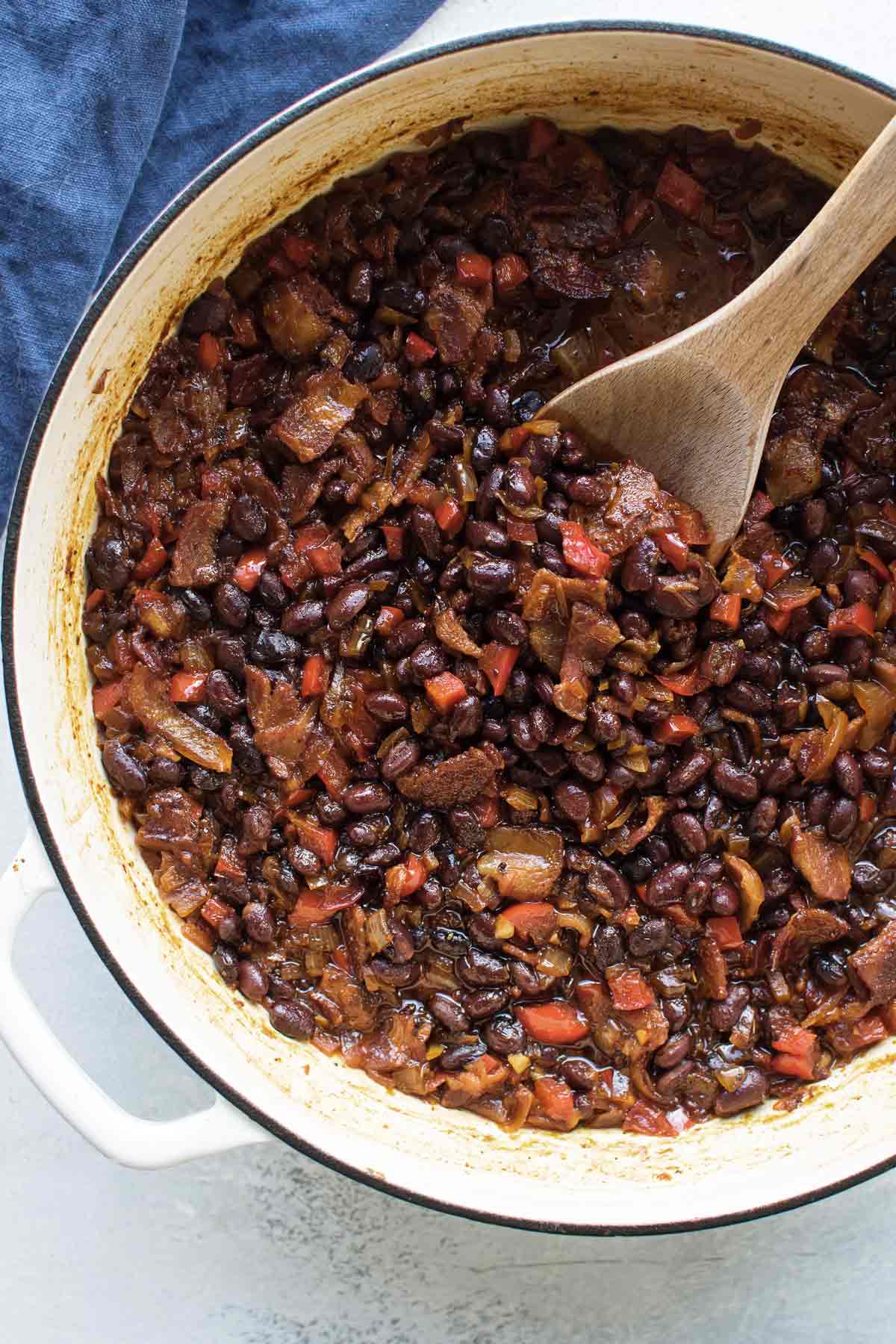 overhead shot of baked black beans.