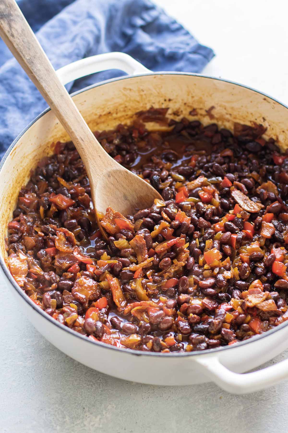 baked black beans in a pan.