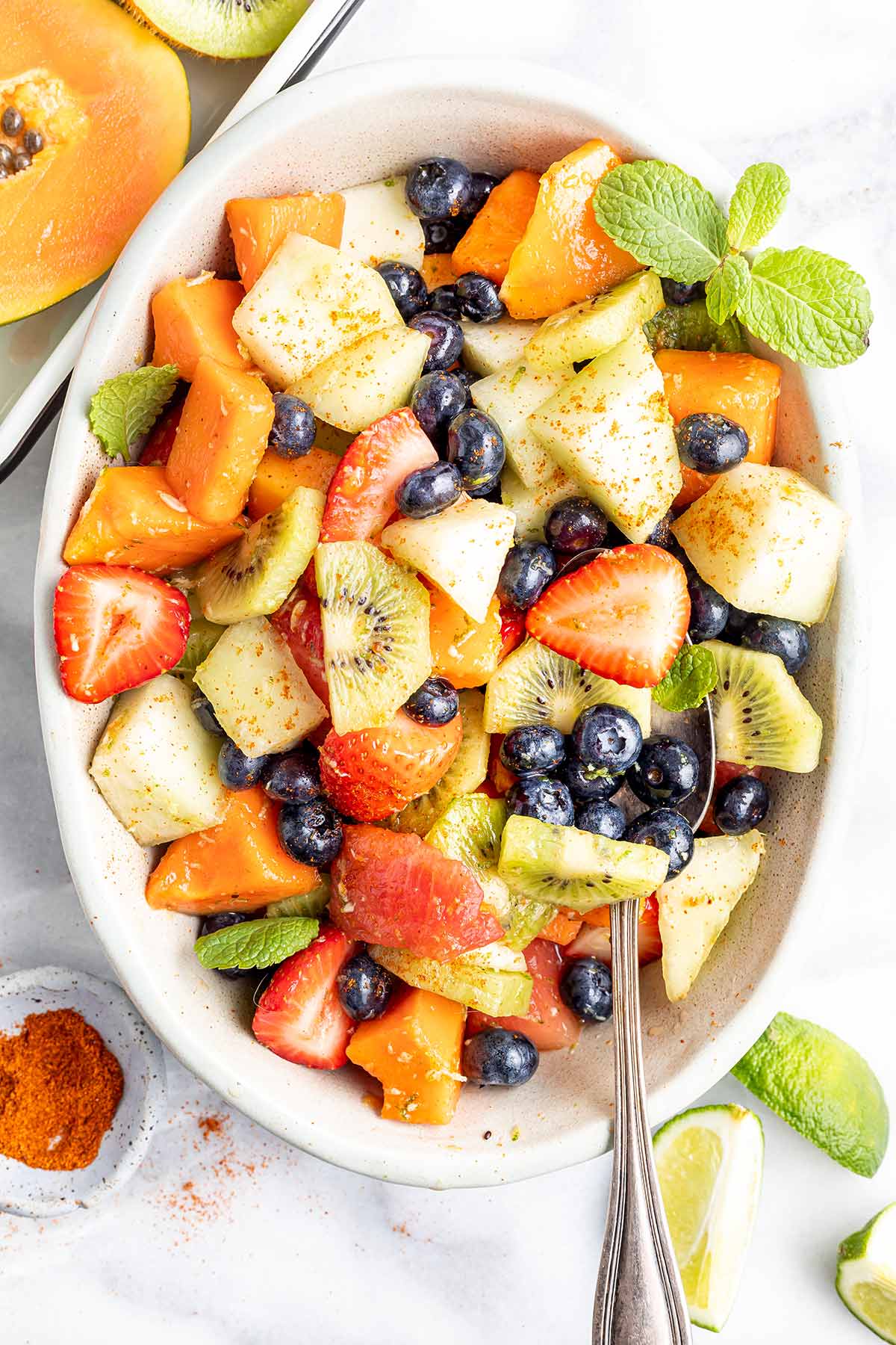 overhead shot of the fruit salad.