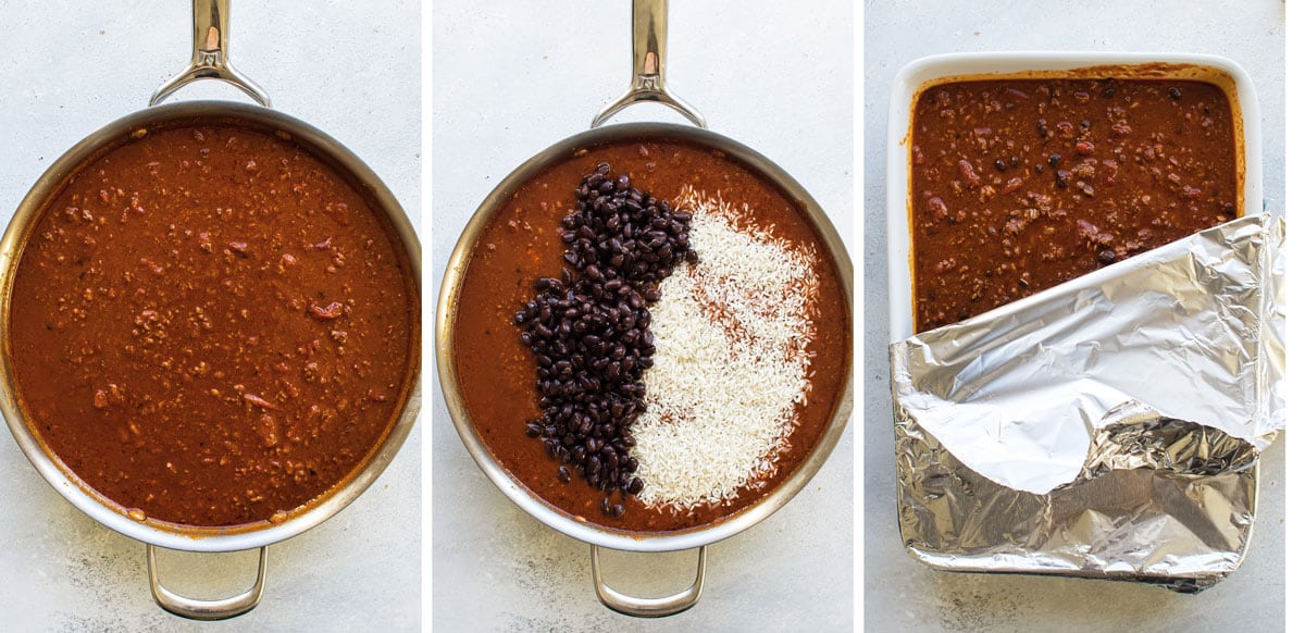 photo collage showing the steps for making he rice and meat mixture.