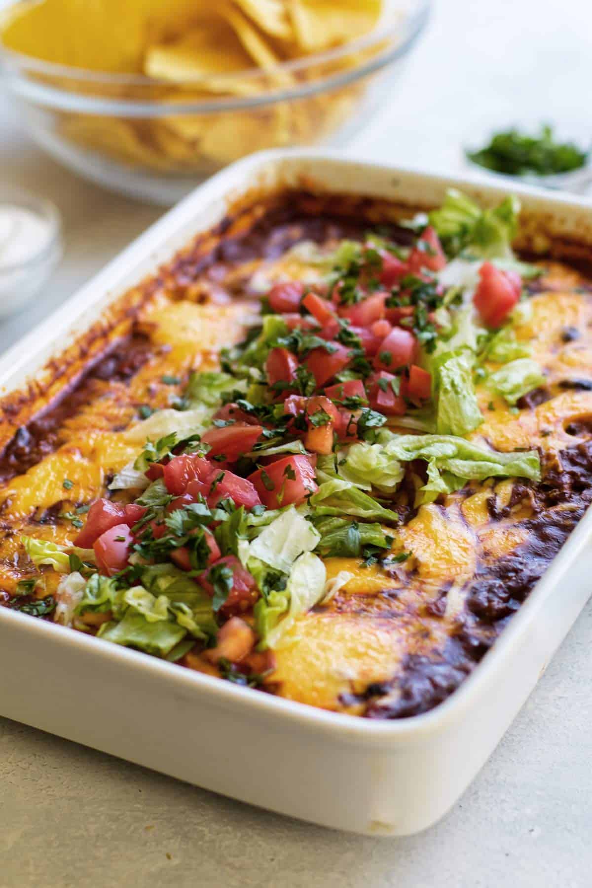 taco rice casserole in a baking dish.