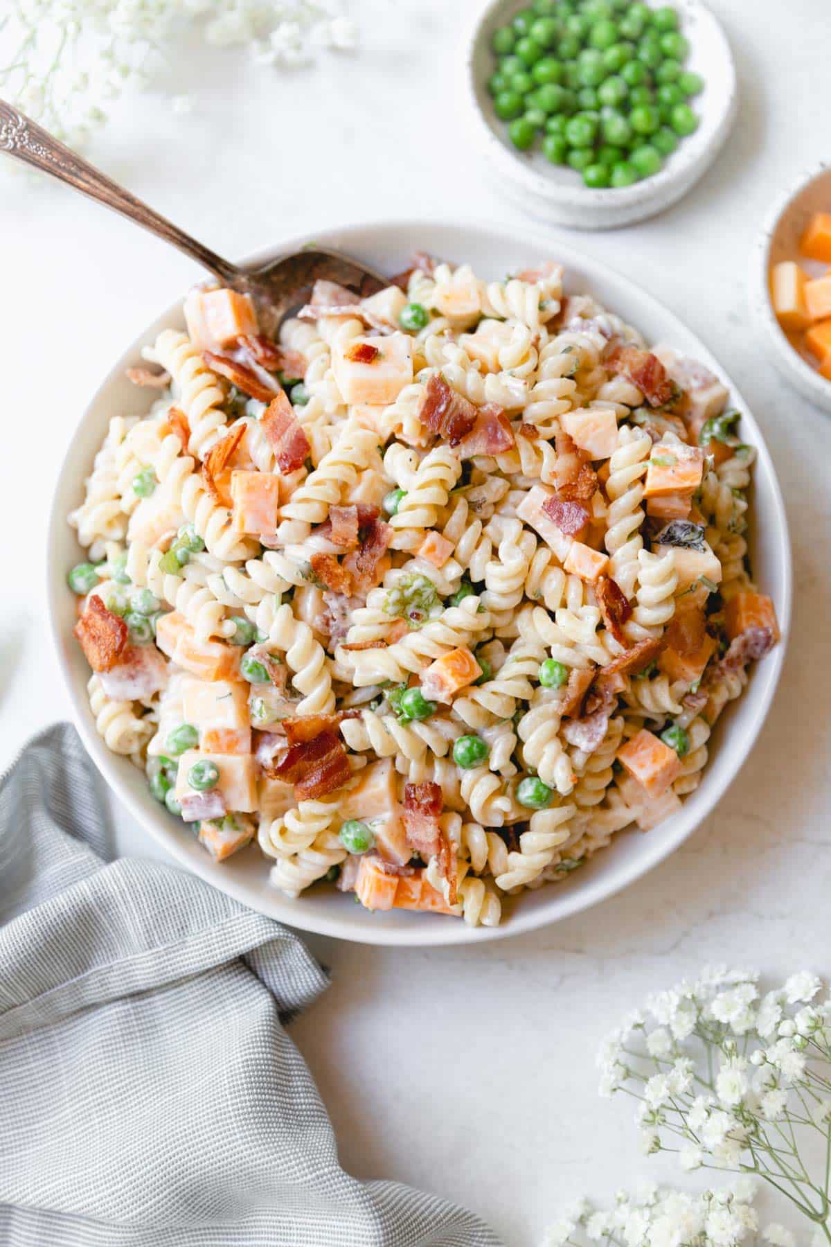 overhead shot of a bowl of pasta salad.