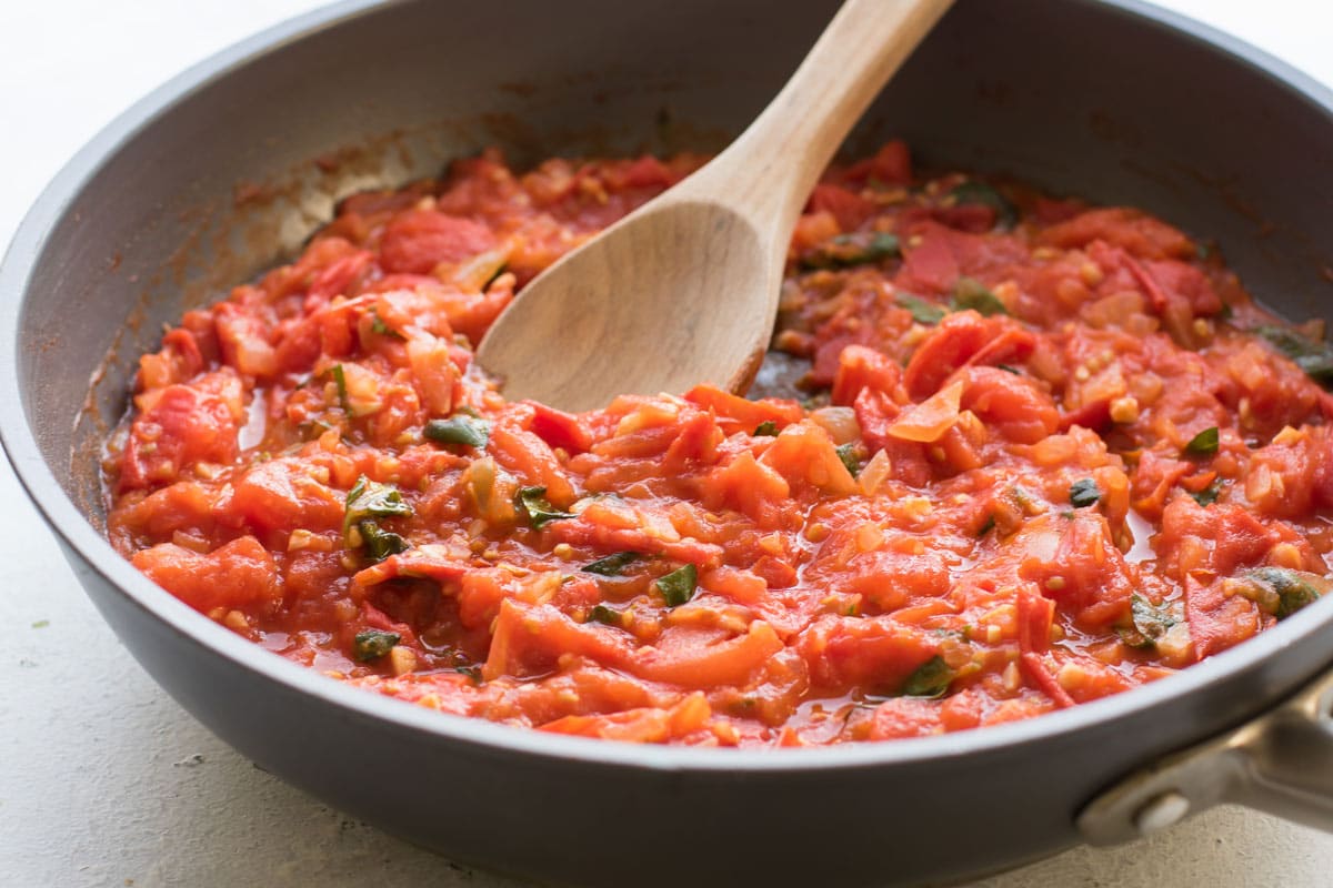 tomato sauce in a pan.