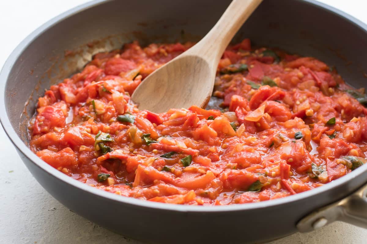 the finished sauce in the pan.