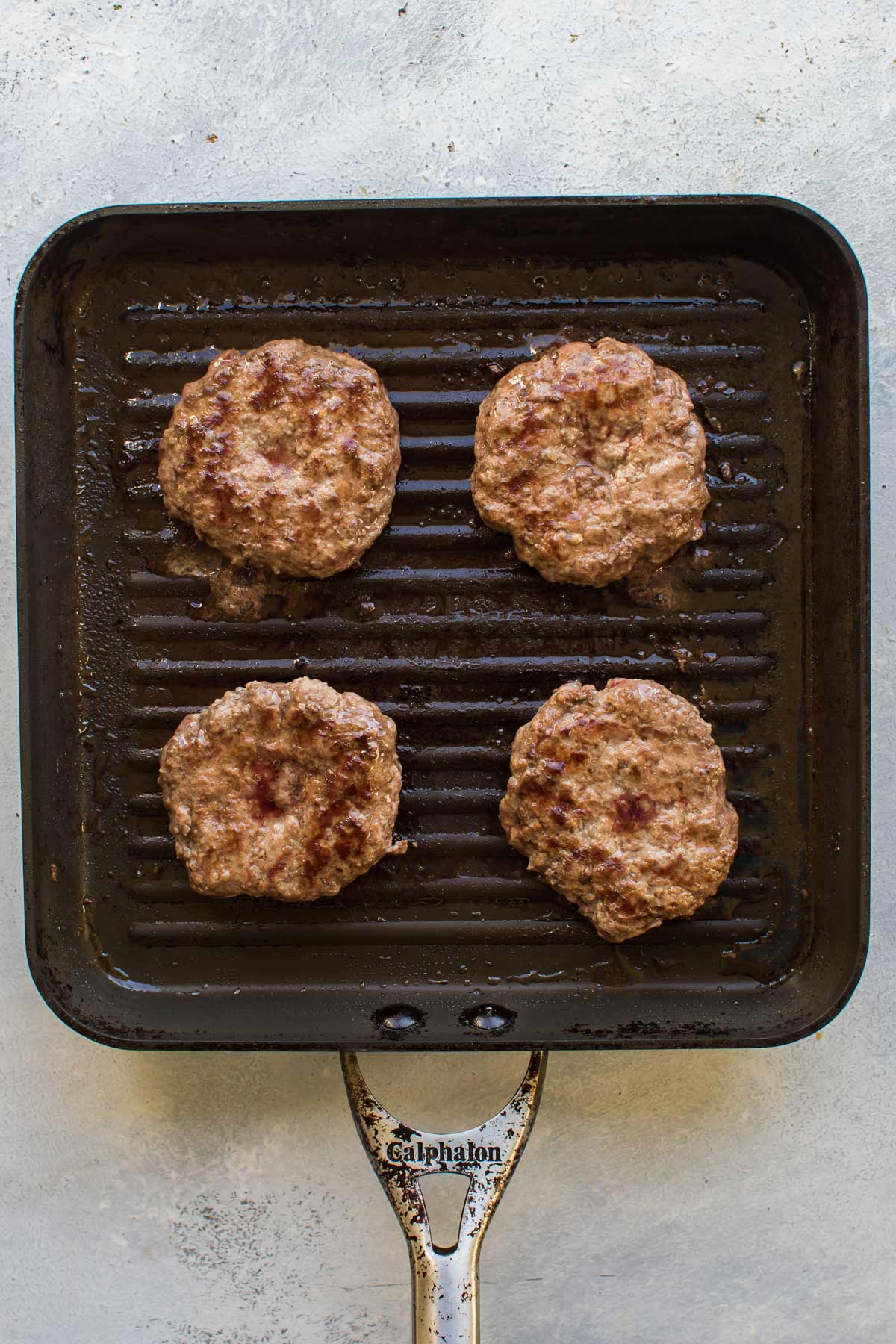burgers on a grill pan.