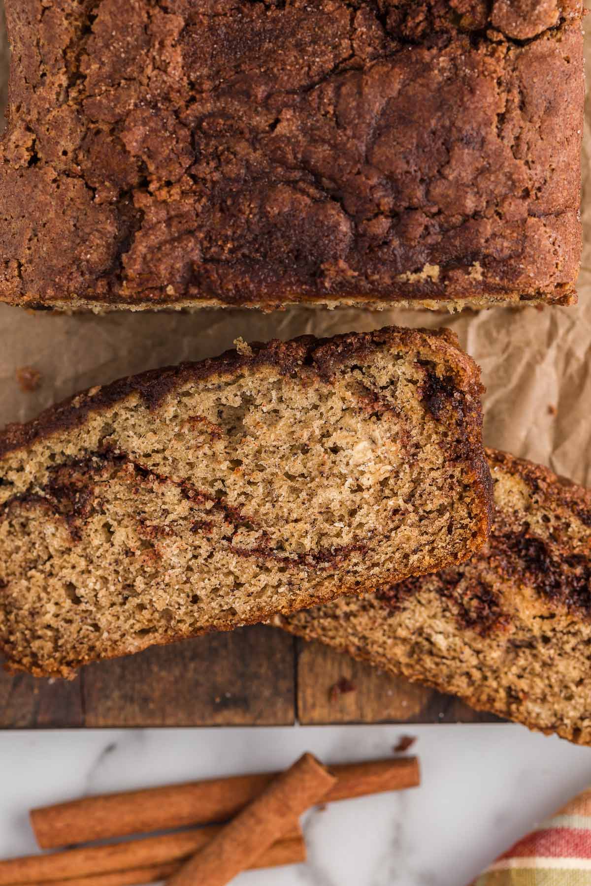 overhead photo of cinnamon banana bread.