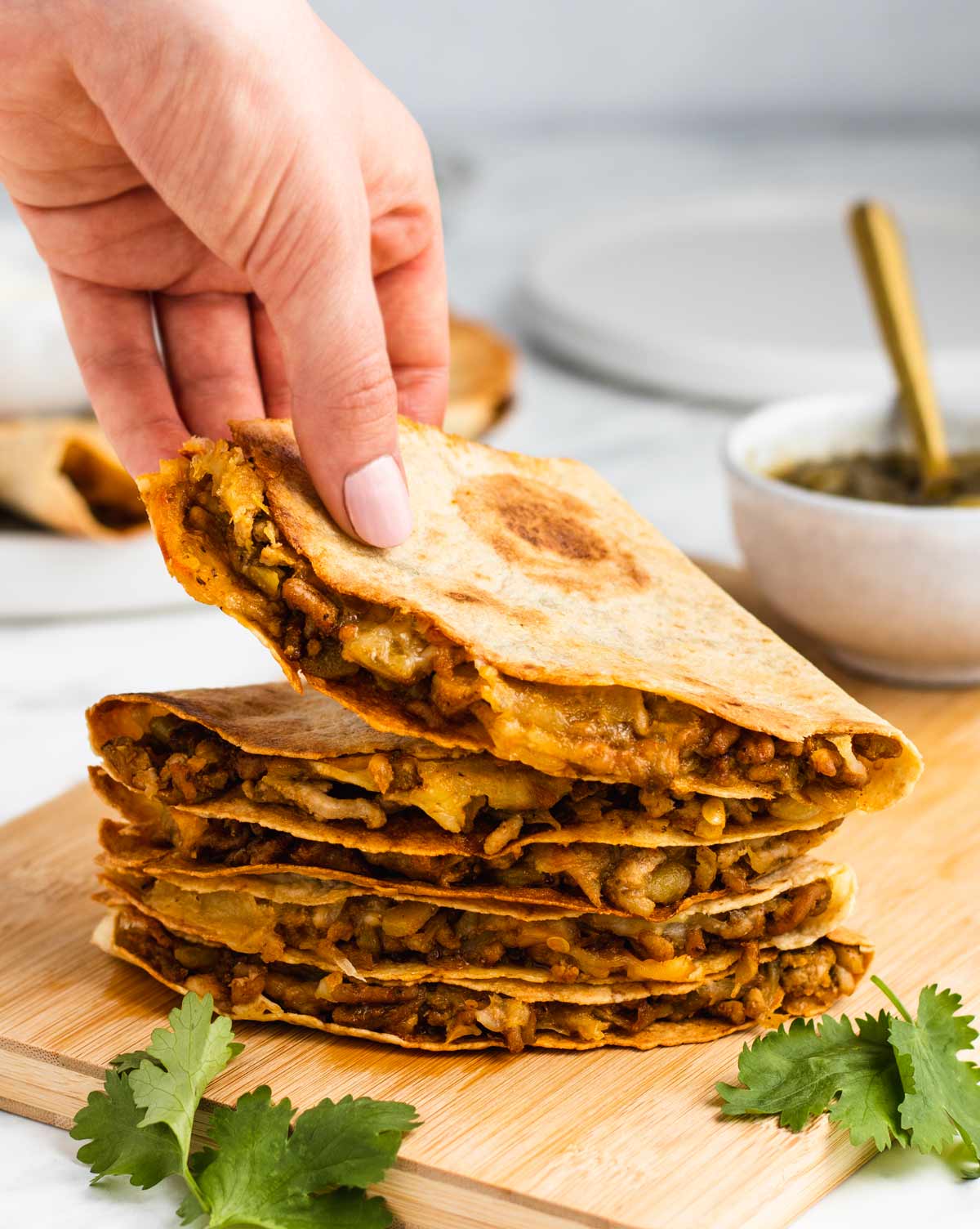 a stack of pork quesadillas.