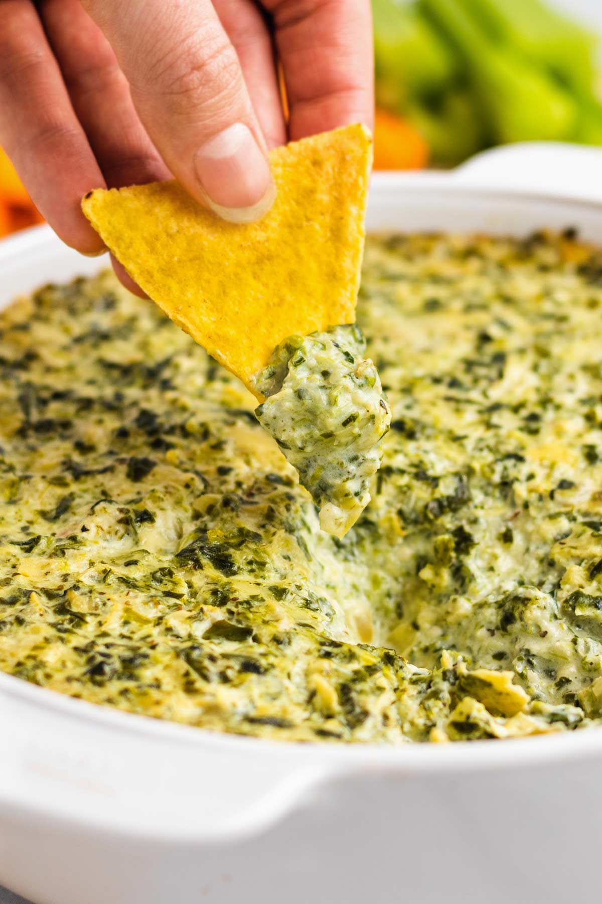 a chip being dipped in artichoke spinach dip.