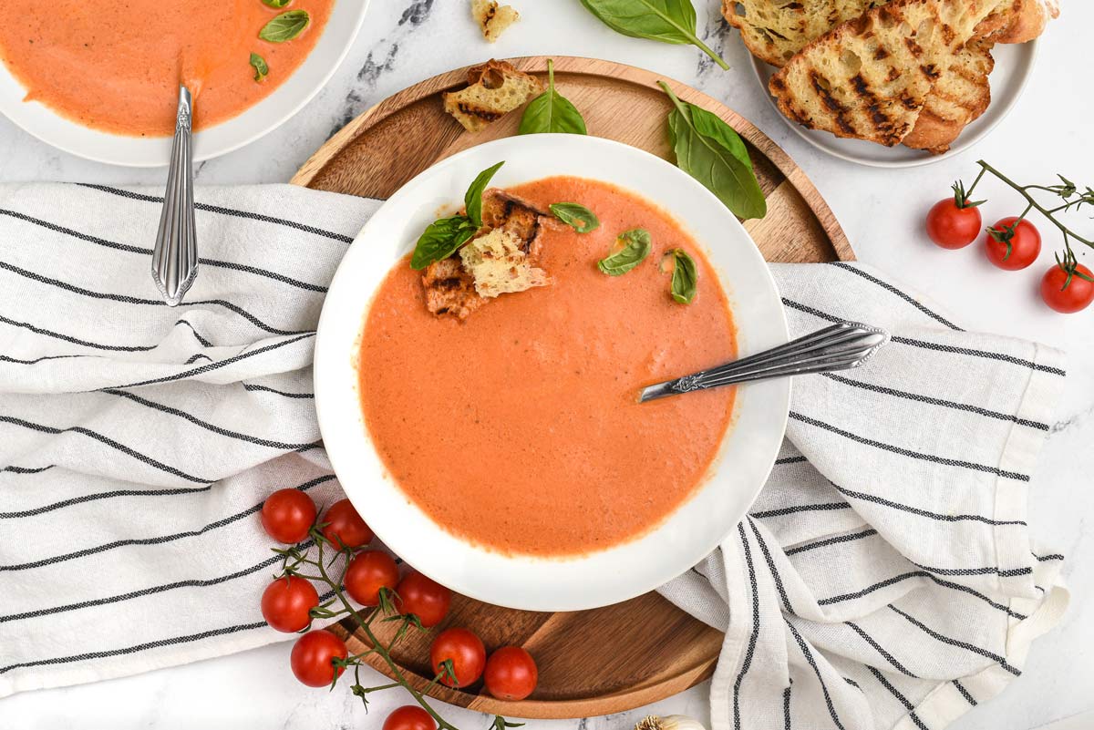tomato bisque in a bowl.