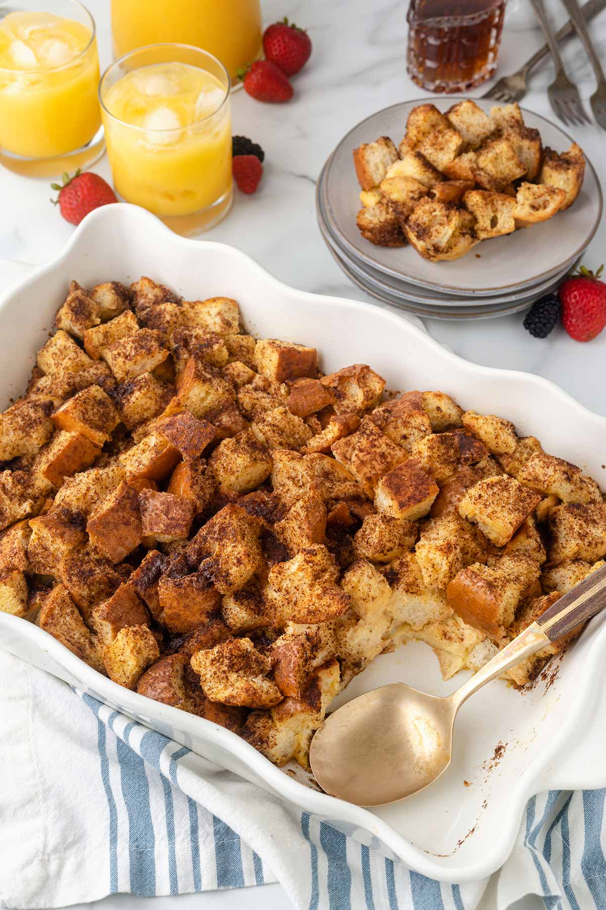 baked french toast in a baking dish.