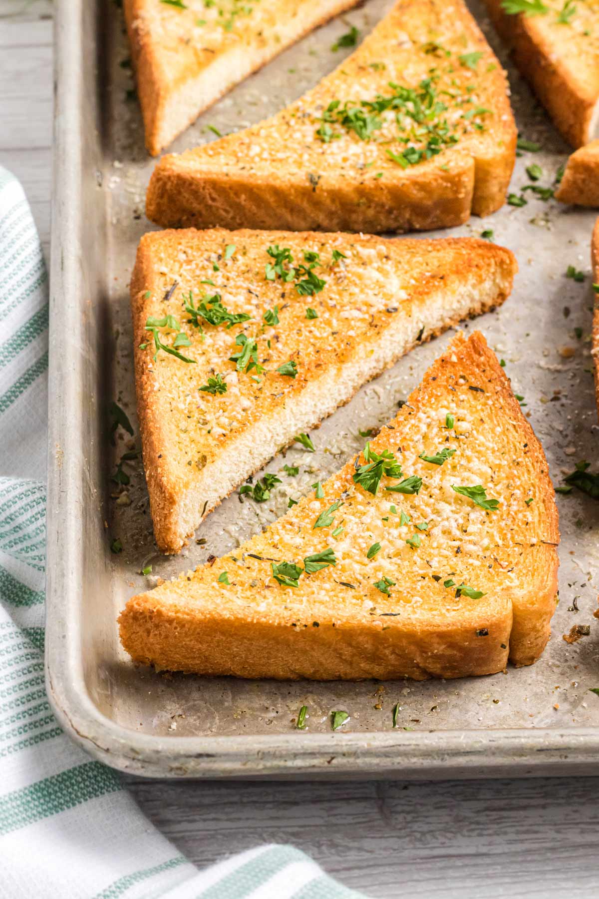 garlic toast on a sheet pan.