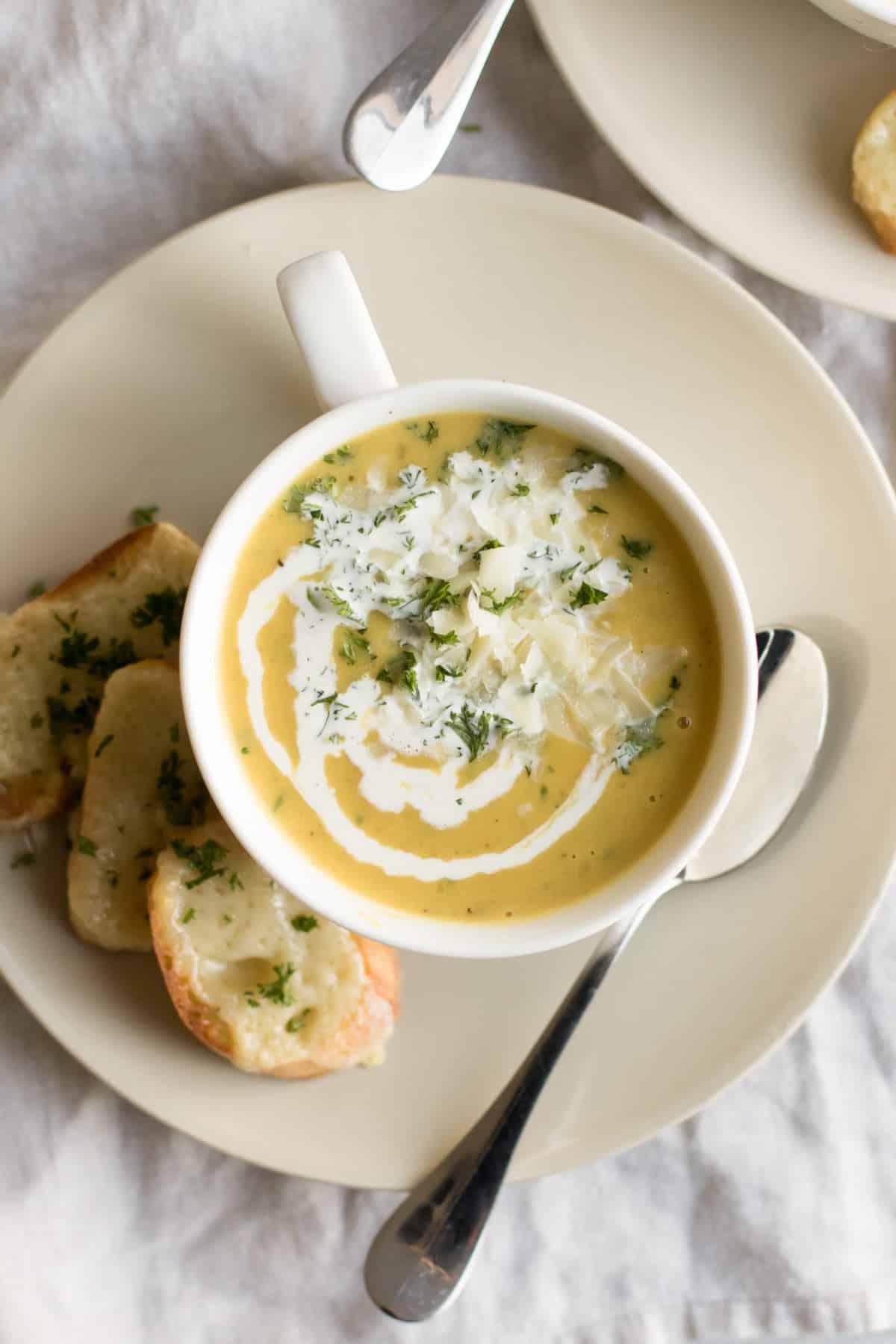 overhead shot of the soup in a bowl.