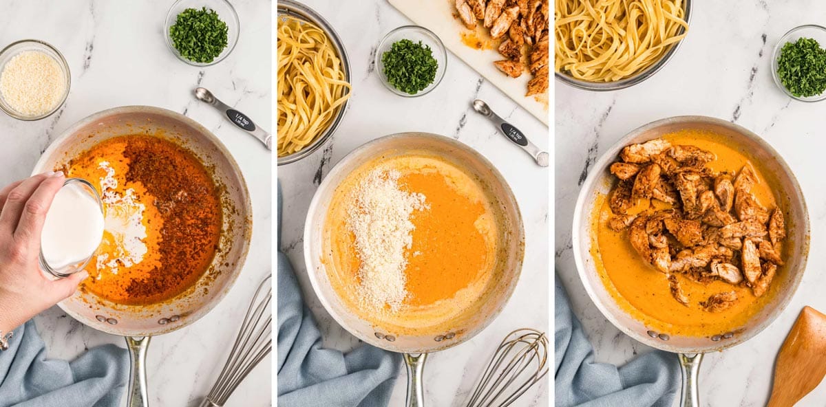 three photos showing how to make the alfredo sauce.