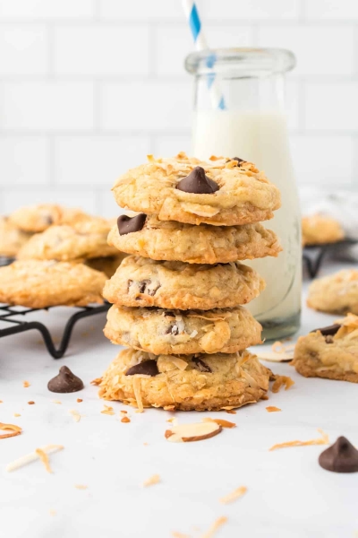 a stack of coconut chocolate chip cookies.