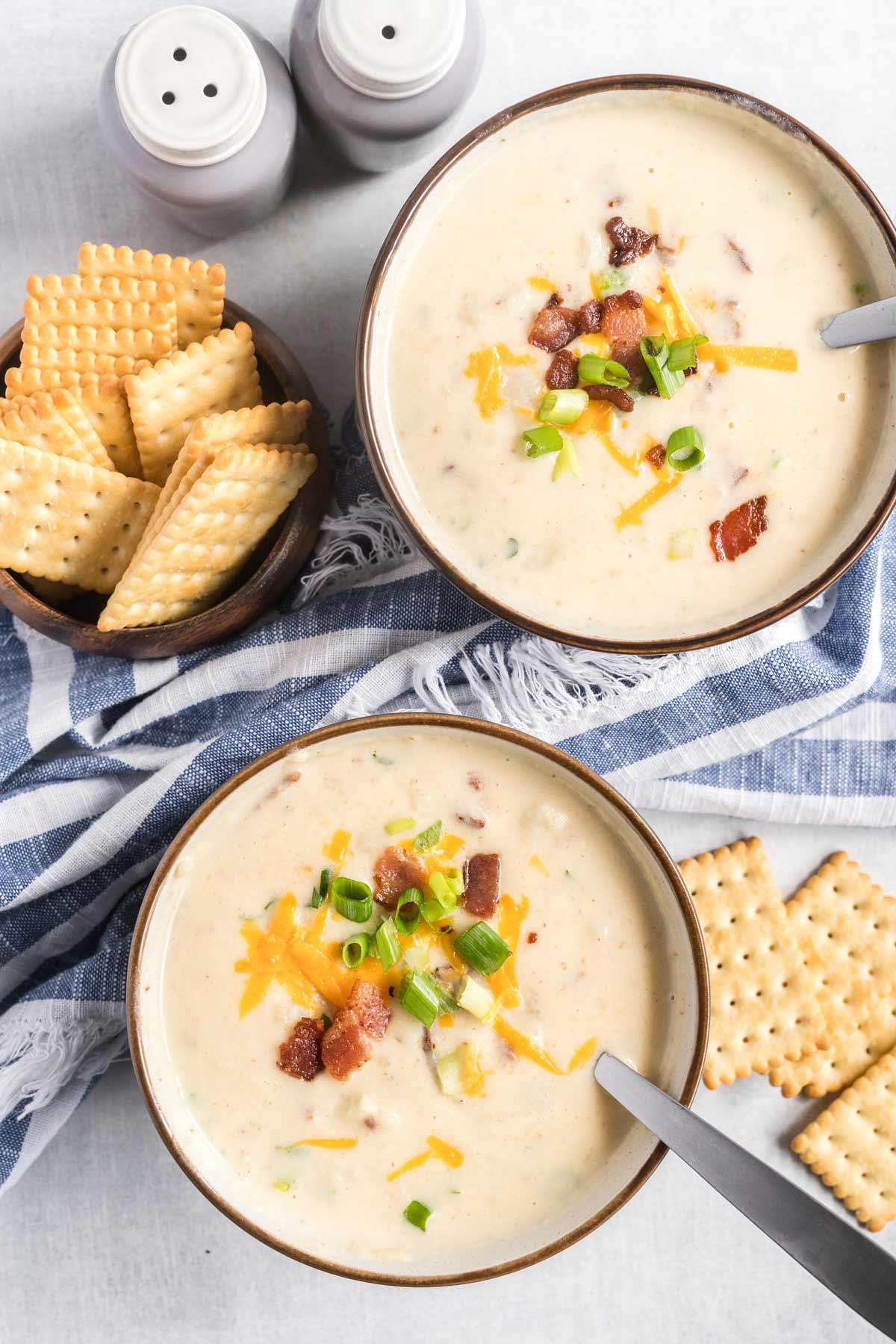 overhead shot of two bowls of soup.