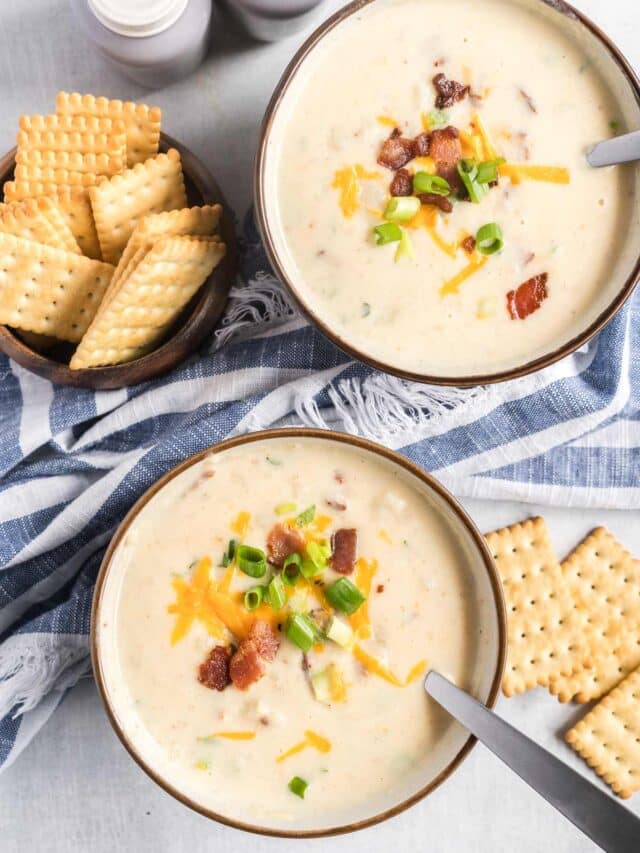 overhead shot of two bowls of soup.