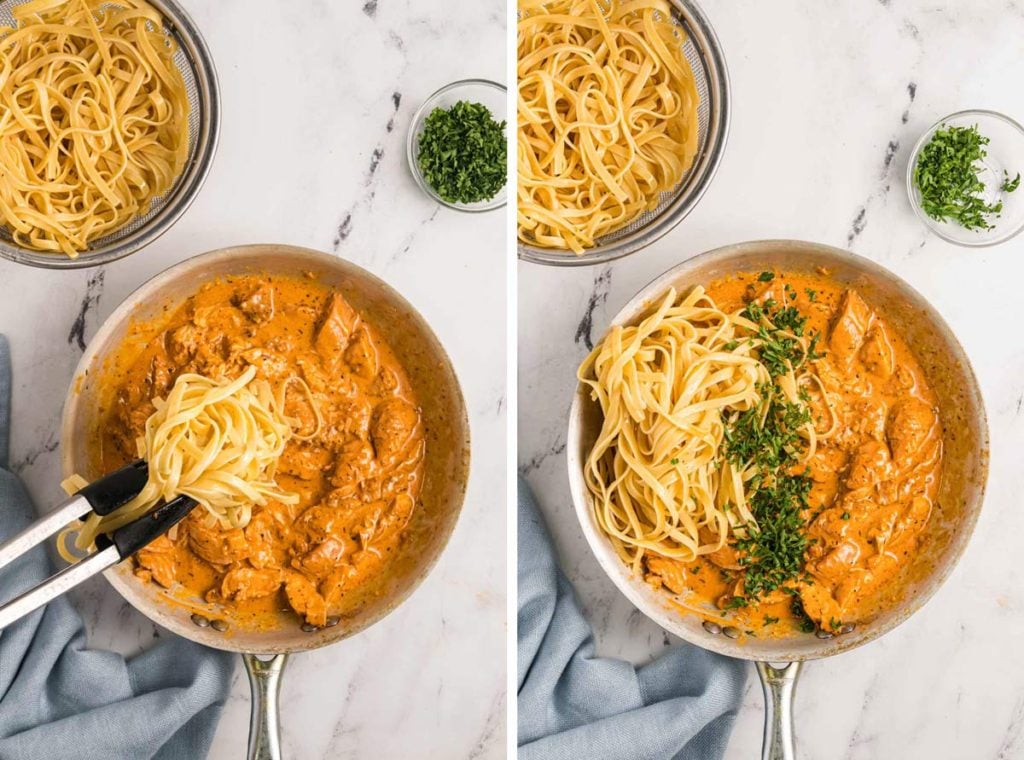 photo collage showing the pasta and parsley being added to the pan.