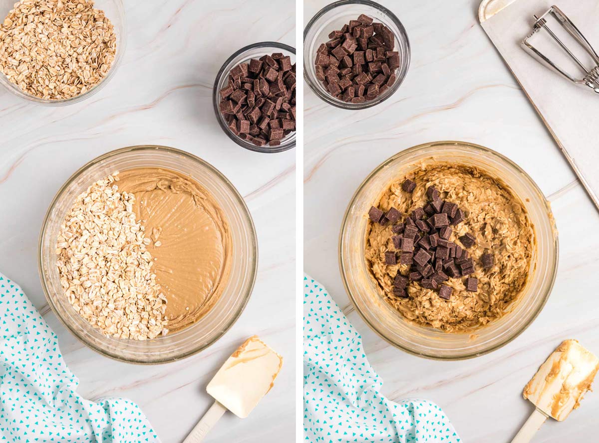 two photos showing the oatmeal and chocolate chunks being added to the dough.