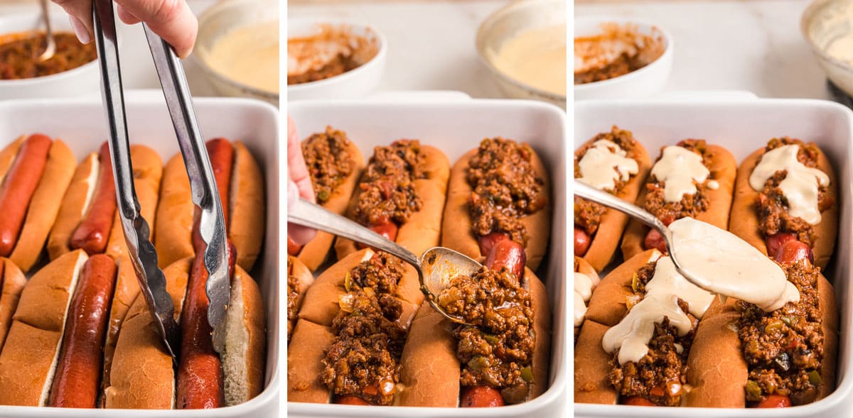 process photos showing how to assemble the hotdogs.