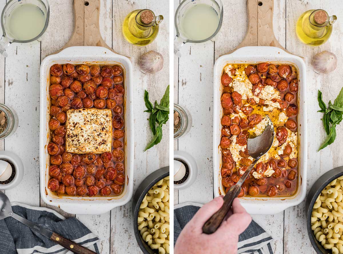 the baked feta and tomatoes in the pan and a photos showing how to stir them together.