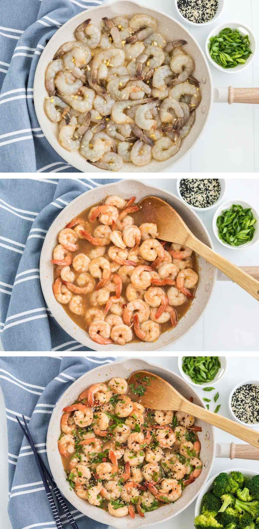 three process photos showing how to cook the shrimp.