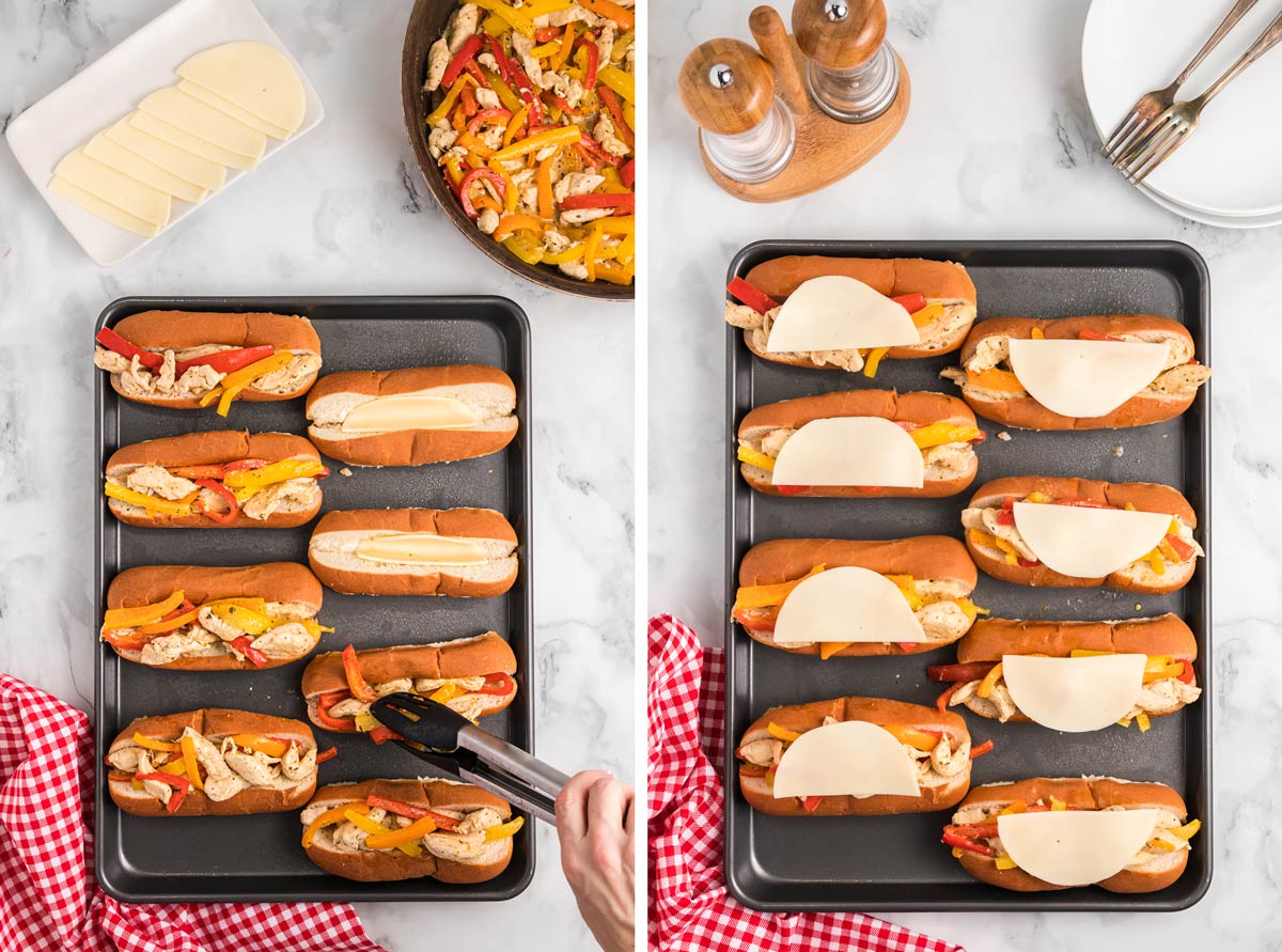 the chicken and peppers piled in rolls and topped with cheese slices.