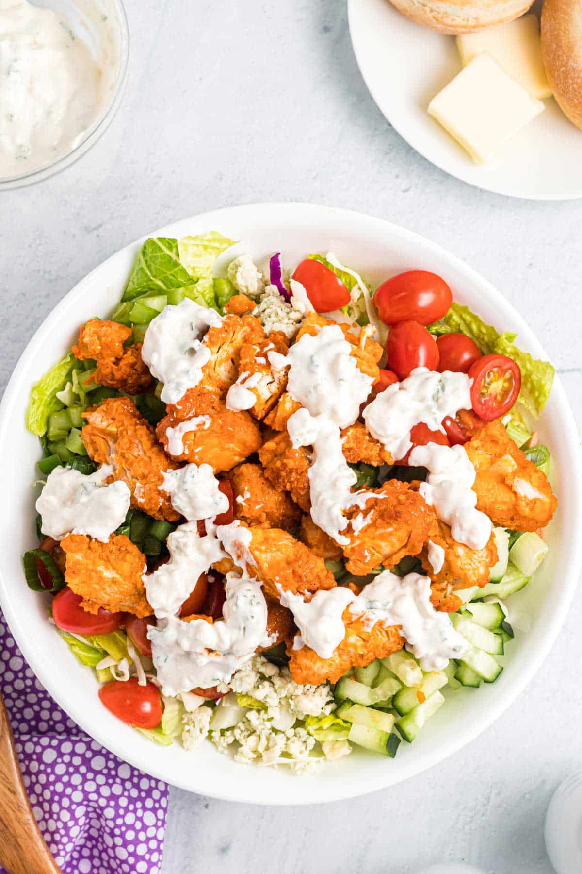 overhead shot of buffalo chicken salad in a bowl.