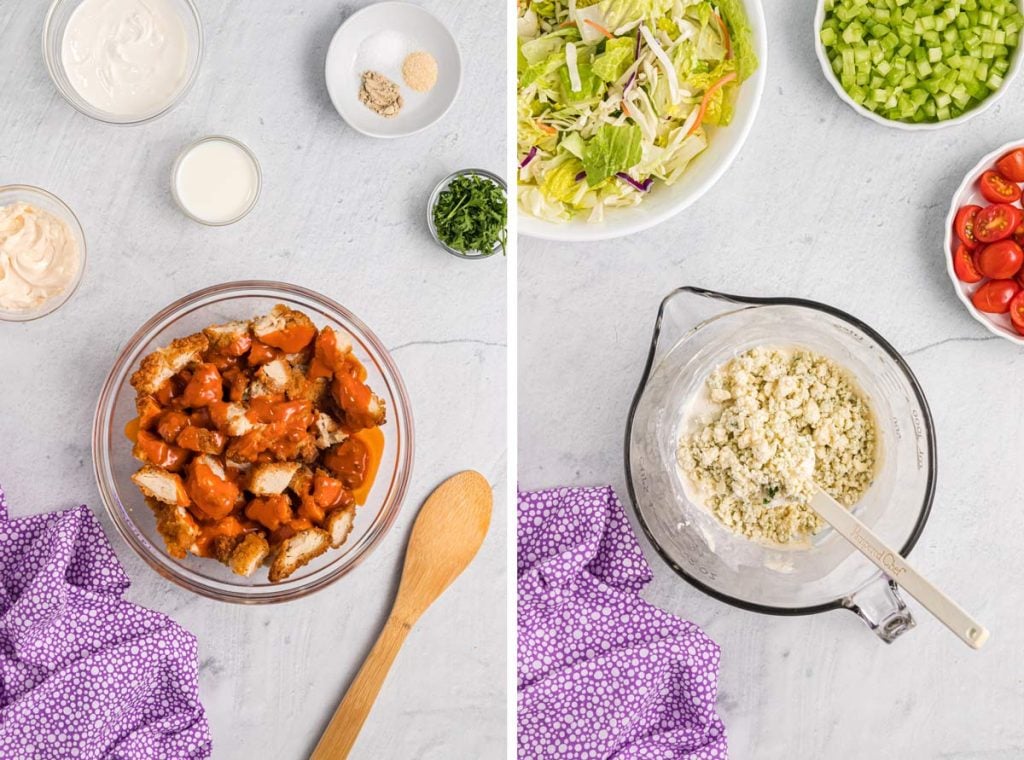 photo collage showing the chicken and sauce and a bowl with the salad being mixed.