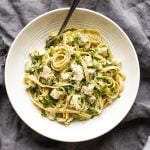 a bowl of chicken broccoli alfredo.