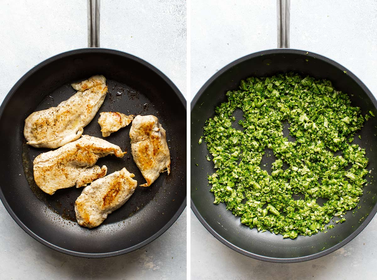 photo collage of chicken cooking in a pan and broccoli cooking in a pan.