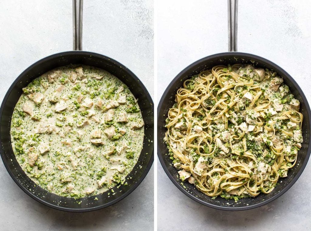 photo collage showing the chicken and pasta added to the sauce.