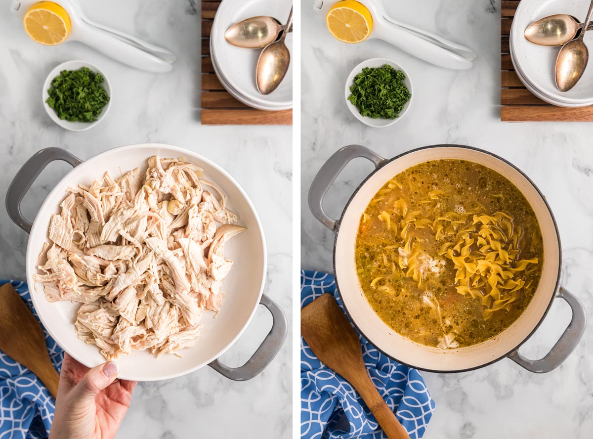 two photos showing how to finish making the soup.