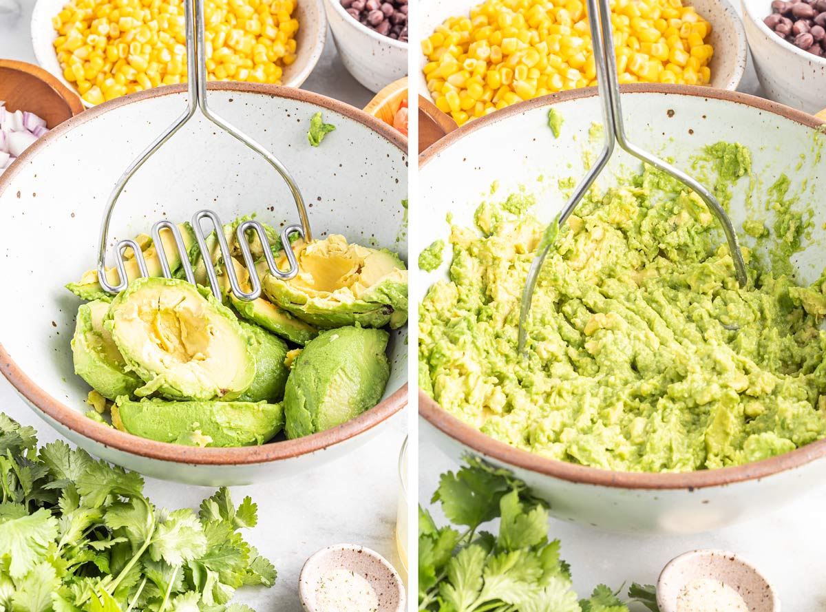 the avocado being mashed in a bowl.