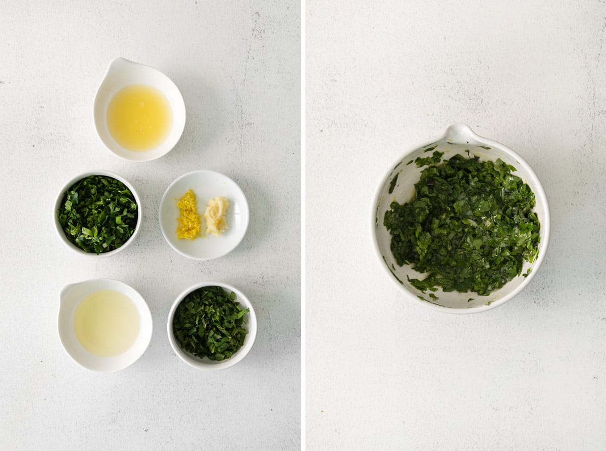 process collage showing the ingredients for the gremolata and the ingredients mixed in a bowl.