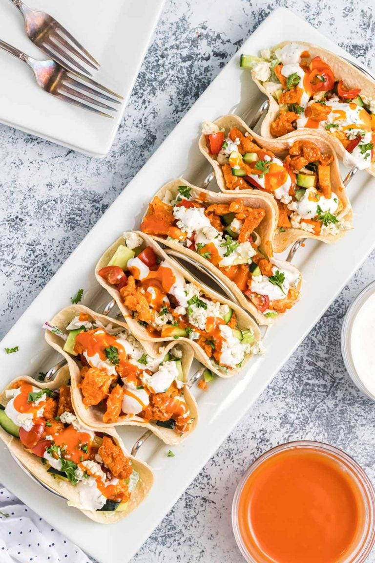 overhead shot of the tacos on a platter.