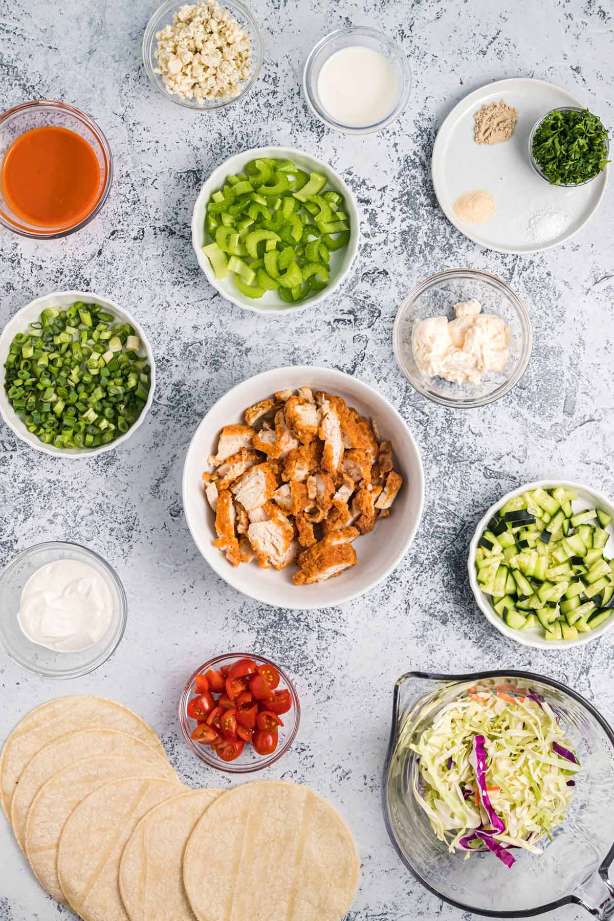 ingredients for buffalo chicken tacos.
