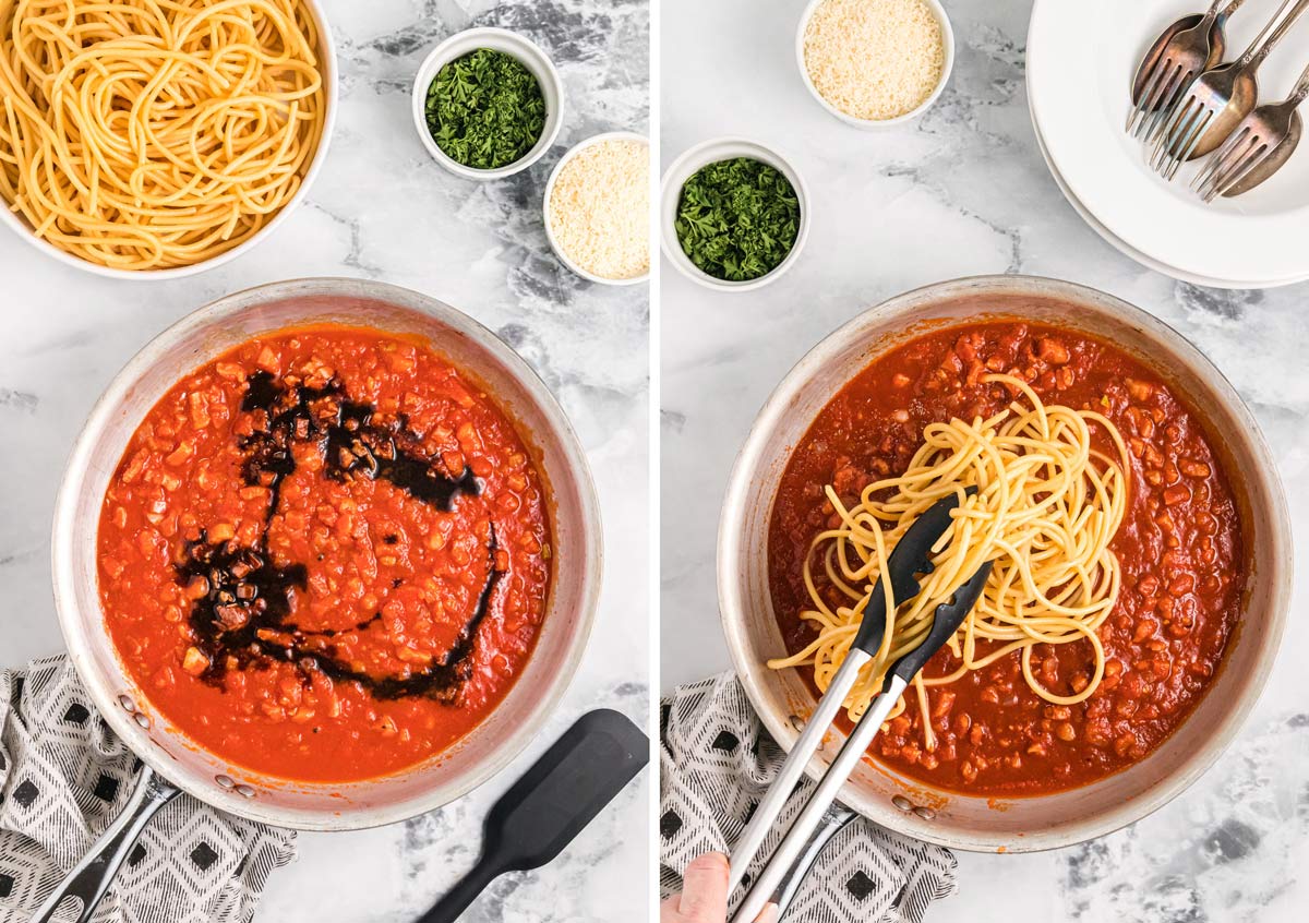 two photos showing how to finish the sauce and add the pasta.