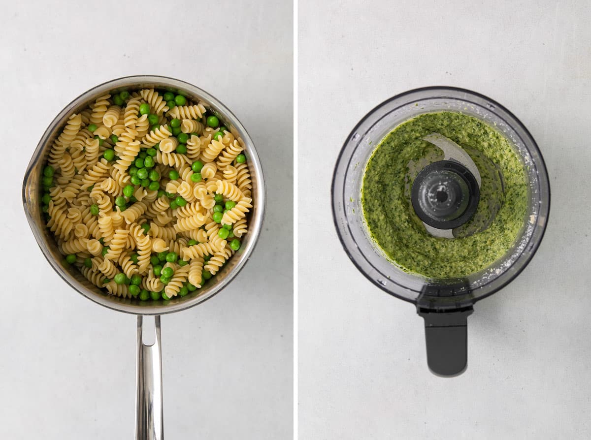 boiled pasta and peas and blended pesto in a food processor.