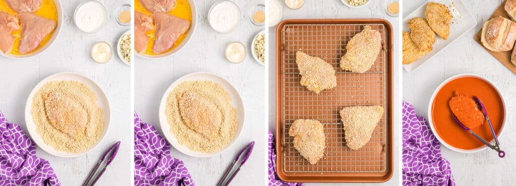 process photos showing how to bread and sauce the chicken.