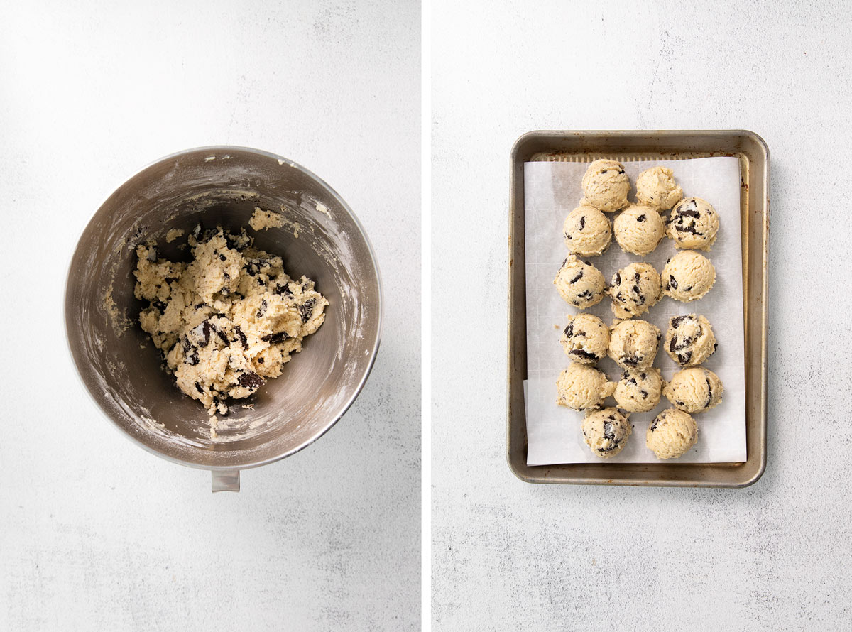 photo collage showing how to mix in the Oreos and the cookie dough balls on a sheet pan.