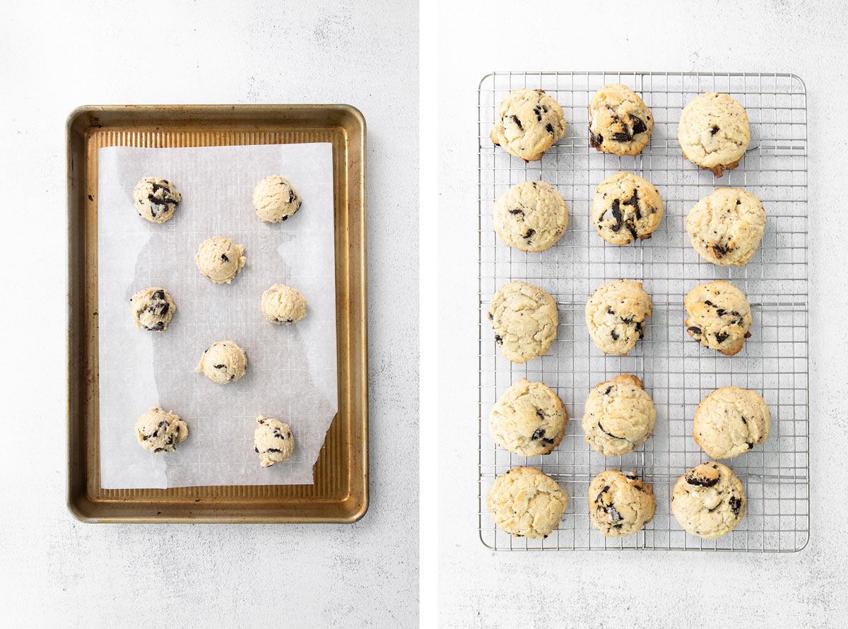 the cold cookie dough balls on a sheet pan and the baked cookies on a rack.