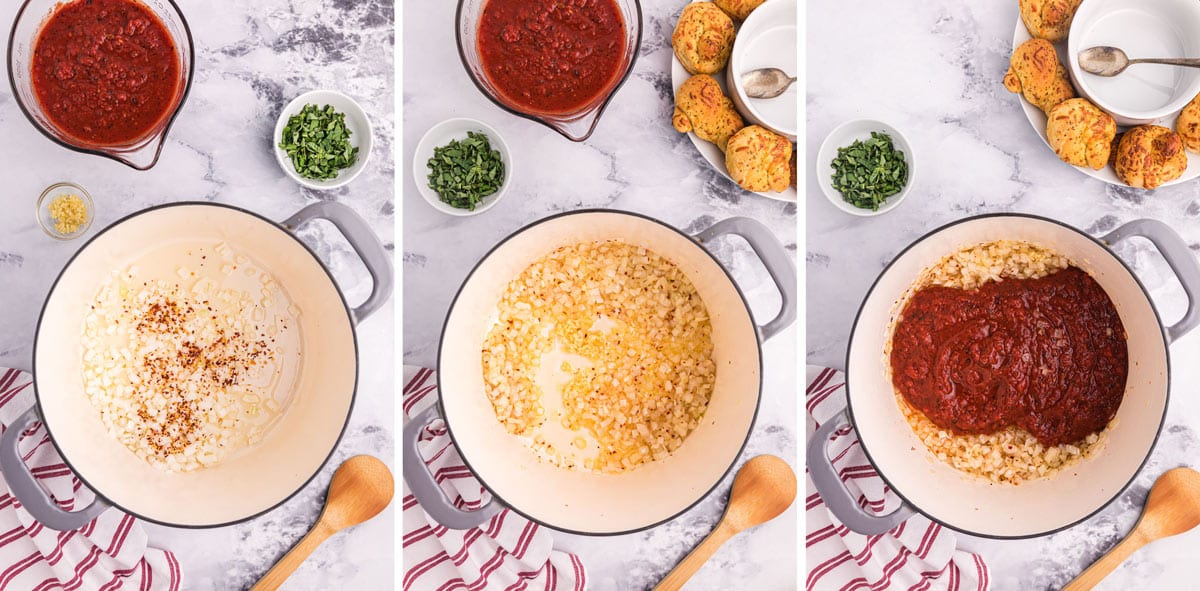 three photos showing how to make the sauce.