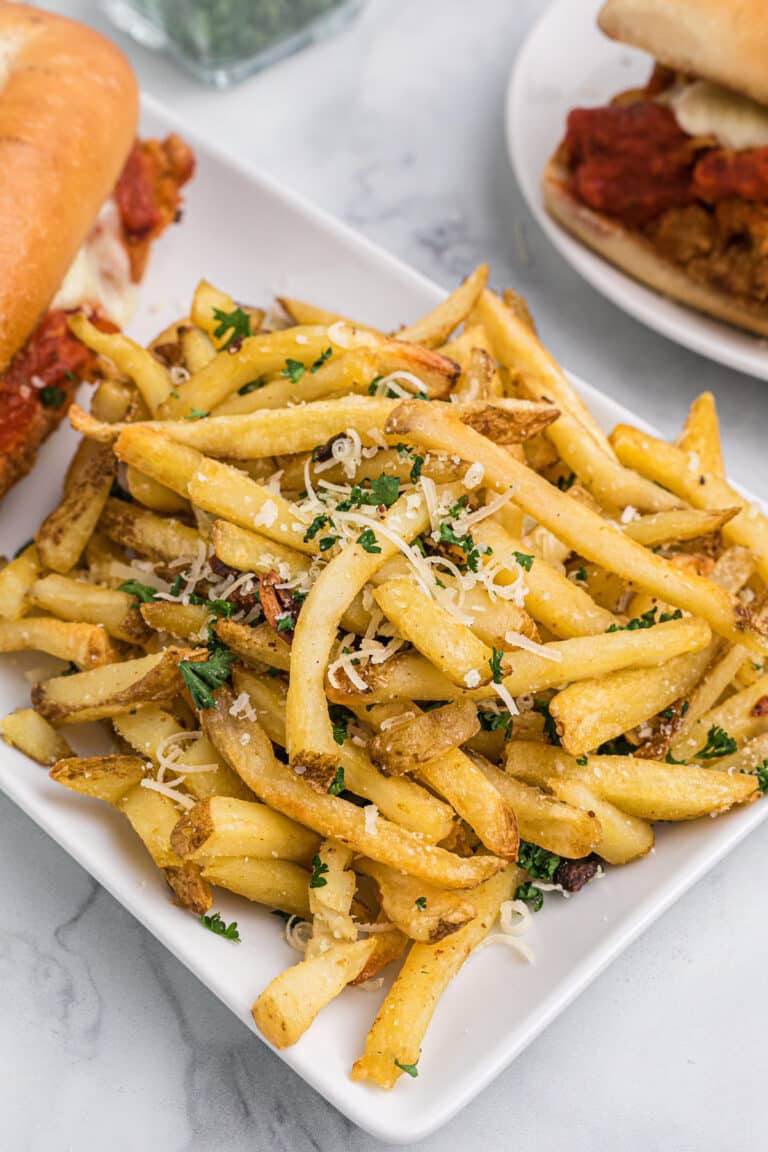 a plate of fries on a white plate.