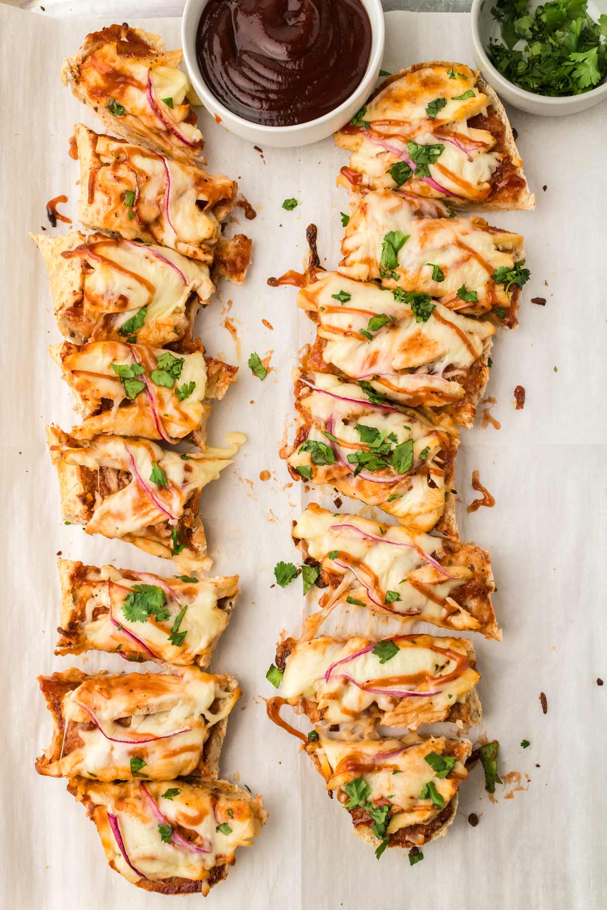 sliced French bread pizzas.