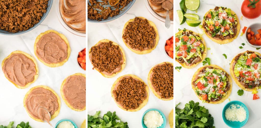 three photos showing how to make the tostadas.