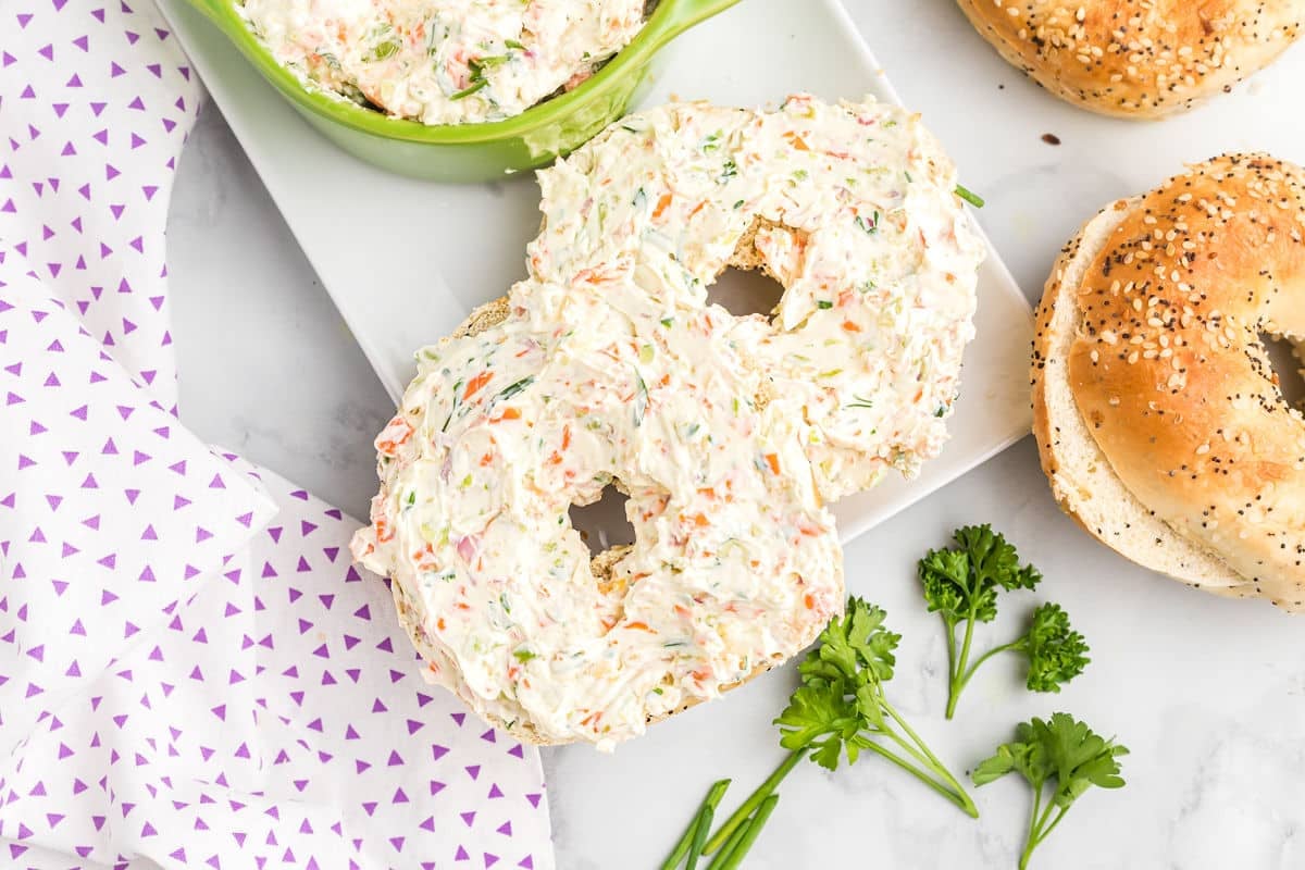 bagels with homemade vegetable cream cheese.