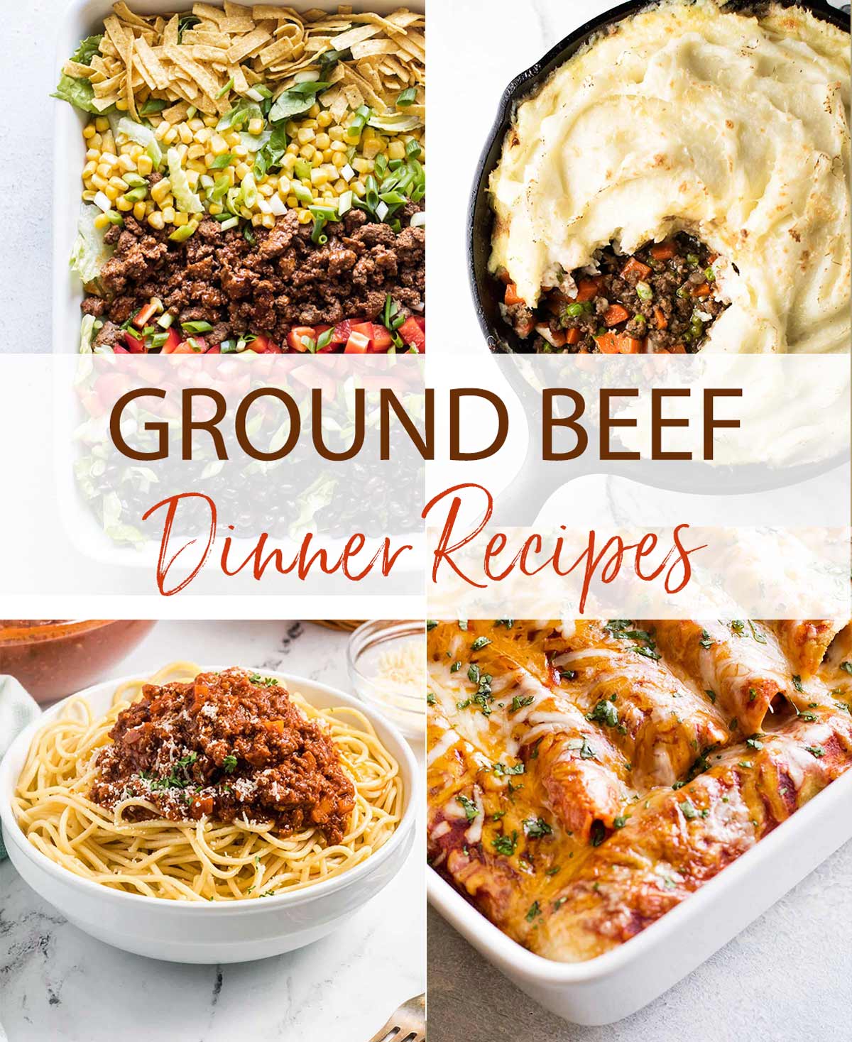 photo collage with photos of recipes made with ground beef.