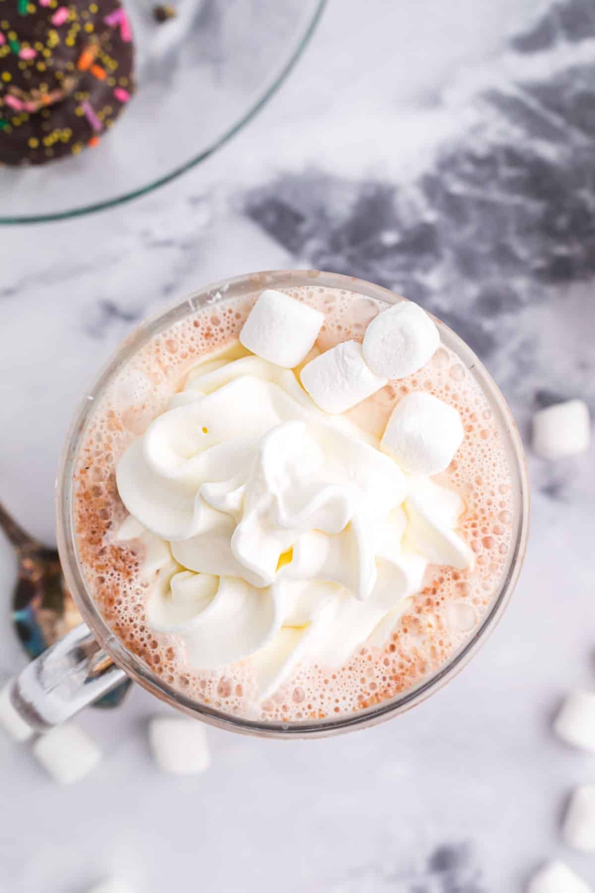 hot chocolate topped with whipped cream and marshmallows.